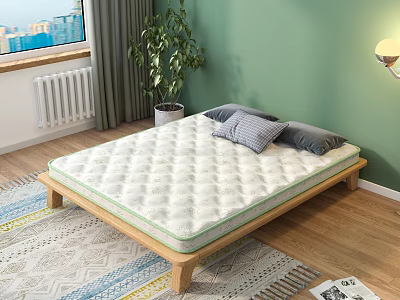Comfortable Quilted Mattress On Wooden Frame With Grey Pillows Green Wall And Indoor Plant 3d model
