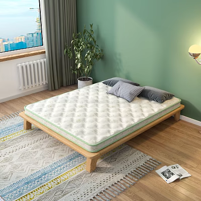 Comfortable Quilted Mattress On Wooden Frame With Grey Pillows Green Wall And Indoor Plant 3d model
