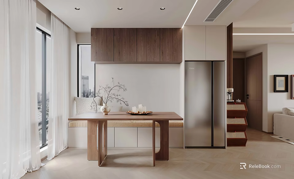 Modern Open Concept Restaurant Interior Design With Wooden Dining Table And Cabinets 3d model