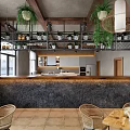 Open Space Restaurant With Wooden Ceiling Hanging Green Plants Pendant Lights And Red Brick Walls