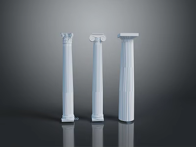 Scenic View Featuring Three White Classical Columns with Reflected Bases and Intricate Capital Designs 3d model