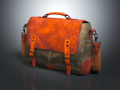Vintage Leather Bag With Orange Leather And Green Canvas Adjustable Straps Metal Buckles Top Handle 3d model