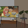 TV Screen Showing Kids Eating Instant Noodles On Wooden Stand With Green Plant Nearby
