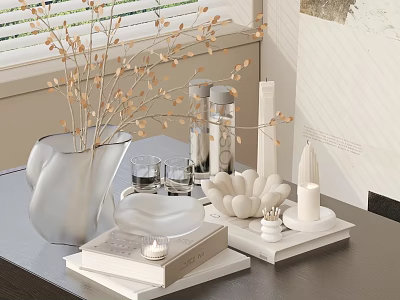 Decorative Ornament Set with White Vase Dried Branches Glass Cups Candles Shell Decor and Trays 3d model