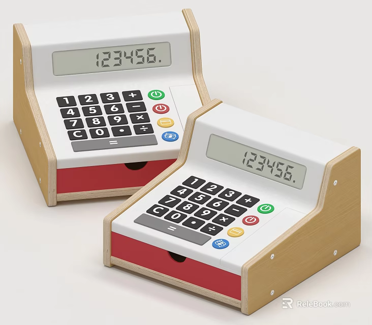 Wooden Electric Toy Cash Registers With Digital Display And Red Drawers 3d model 