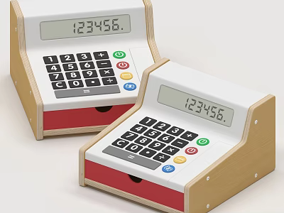 Wooden Electric Toy Cash Registers With Digital Display And Red Drawers 3d model