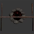 Wooden Tripod Structure With Hanging Cauldron Over Stone Fire Pit
