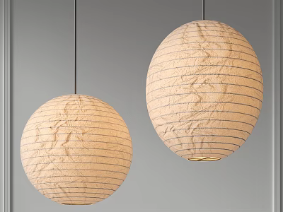 Two Modern Round Paper Pendant Lights With Striped Textured Design 3d model