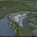 Modern Riverside Garden Landscape With Lush Green Paths And Unique Curved Waterfront Buildings