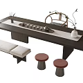 Modern Wooden Tea Table Set With Tea Set Vase Plants Bench And Stools 3d model