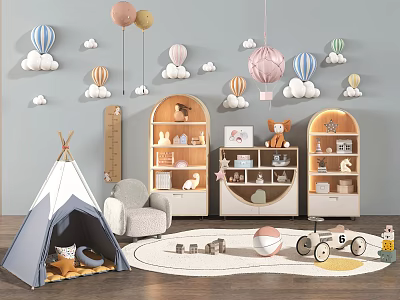 Cozy Kids Playroom With Teepee Tent Bookshelves Balloons And Cloud Decorations 3d model