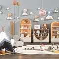 Cozy Kids Playroom With Teepee Tent Bookshelves Balloons And Cloud Decorations