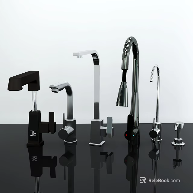 Various Modern Faucets Displayed On Black Countertop With Clear Reflections 3d model 