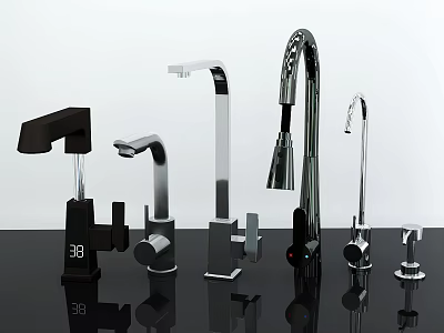 Various Modern Faucets Displayed On Black Countertop With Clear Reflections 3d model