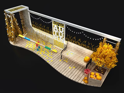 Cozy Fall Themed Wooden Deck With Bench Pumpkins Fruit Basket And Golden Decorations 3d model