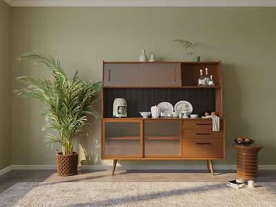 Modern Wooden Sideboard with Plates Mugs and Plant Against Light Green Wall on Carpeted Floor 3d model