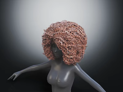 Human Head Mannequin With Voluminous Curly Brown Wig And Extended Arms 3d model