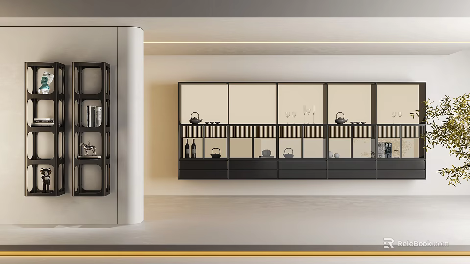 Elegant Modern Decorative Cabinet With Glass Doors And Open Shelves In Living Room 3d model 