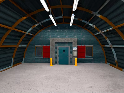 Arched Building Interior With Metal Frames Blue Walls Red Windows Green Door And Concrete Floor 3d model