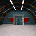 Arched Building Interior With Metal Frames Blue Walls Red Windows Green Door And Concrete Floor