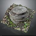 Urban Architecture Manhole Cover Surrounded by Green Plants and Fallen Leaves