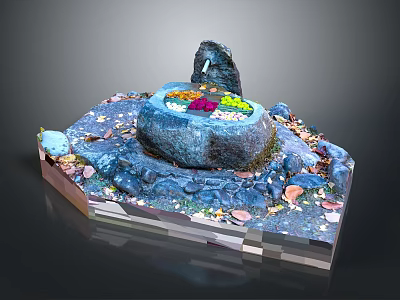 Decorative Miniature Rock Fountain Model With Colorful Decorations And Transparent Base 3d model