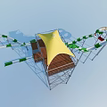 Water Slide Amusement Equipment With Green Red Slides Yellow Canopy Wooden Platform And Metal Frame