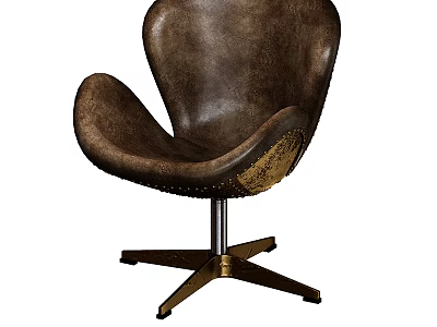 Brown Leather Accent Chair with Curved Design Studded Details and Metal Base in Vintage Style 3d model