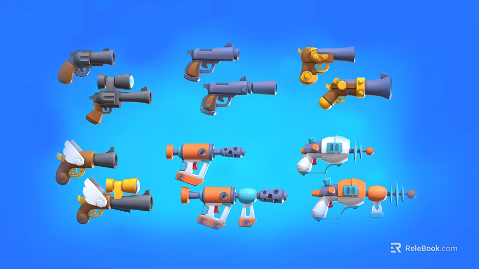 Colorful Toy Guns With Various Designs And Different Shapes On Blue Background 3d model 