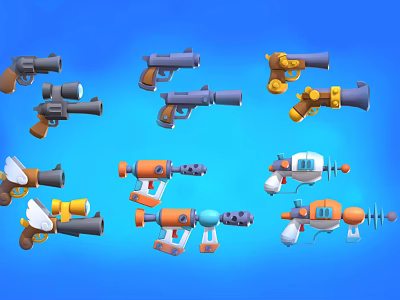 Colorful Toy Guns With Various Designs And Different Shapes On Blue Background 3d model