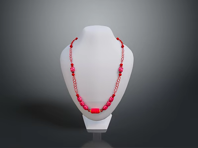 Fashionable Red Beaded Necklace on White Mannequin with Chain Details 3d model