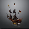 Vintage Sailing Ship Model With Multiple Masts Colored Sails And Decorative Flags