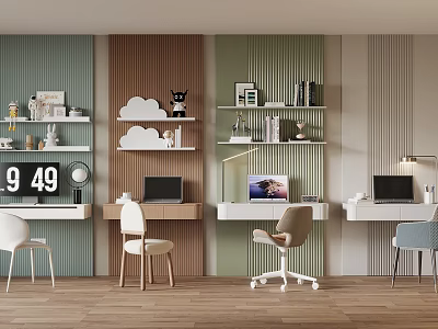 Modern Workspace Interior With Striped Walls Desks Shelves Laptops And Chairs 3d model
