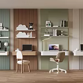 Modern Workspace Interior With Striped Walls Desks Shelves Laptops And Chairs