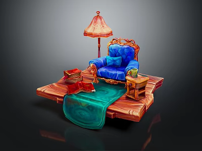 Elegant Blue Armchair With Floor Lamp Side Table And Decorative Wooden Platform 3d model