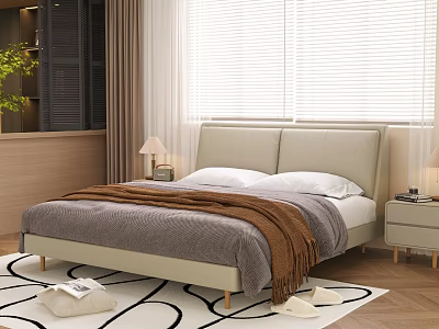 Modern Double Bed With Beige Headboard Gray Brown Blankets Nightstands Lamps And Black White Rug 3d model