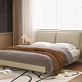 Modern Double Bed With Beige Headboard Gray Brown Blankets Nightstands Lamps And Black White Rug