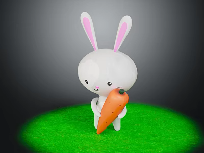 Cartoon Rabbit Character Holding Orange Carrot Standing On Green Grass Against Dark Background 3d model