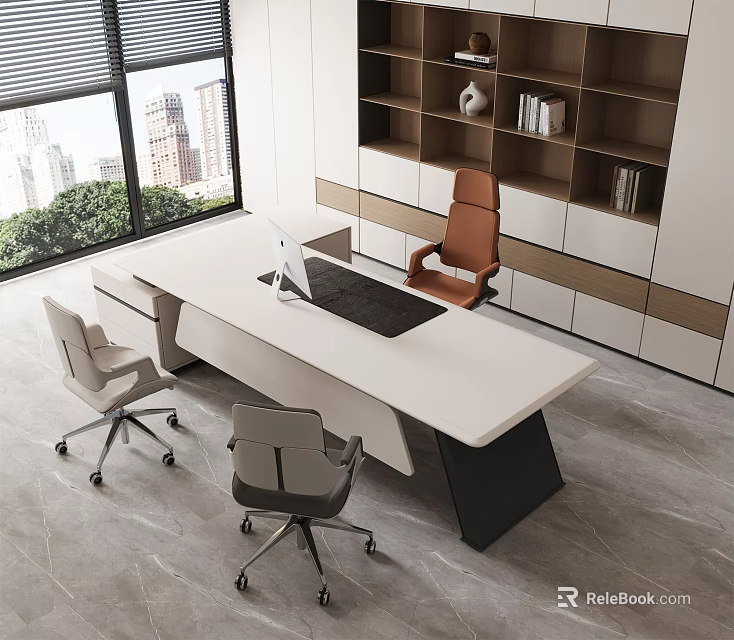 Modern Office Desk With White Surface Black Mat Computer Chairs Bookshelf And City View 3d model 