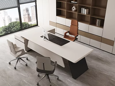 Modern Office Desk With White Surface Black Mat Computer Chairs Bookshelf And City View 3d model
