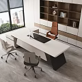 Modern Office Desk With White Surface Black Mat Computer Chairs Bookshelf And City View