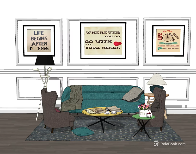 Teal Sofa and Round Coffee Table Set with Wall Posters Chairs Rug and Floor Lamp 3d model 