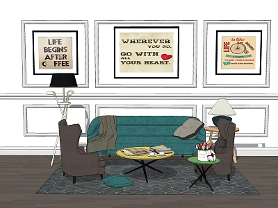 Teal Sofa and Round Coffee Table Set with Wall Posters Chairs Rug and Floor Lamp 3d model