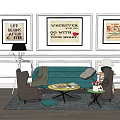 Teal Sofa and Round Coffee Table Set with Wall Posters Chairs Rug and Floor Lamp