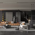 Modern Elegant Living Room With Brown Sofa Black Marble Floor Sculpture Floor Lamp And Staircase