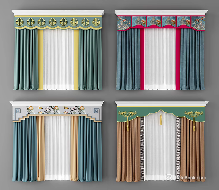 Elegant Decorative Curtains With Embroidered Top Patterns And Various Colors 3d model