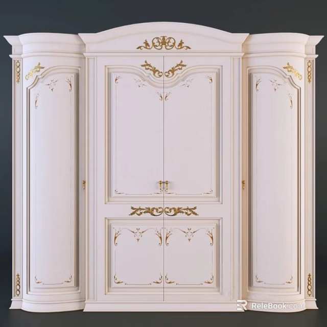 Elegant White Wardrobe Design With Traditional Ornate Gold Accents And Carvings 3d model 
