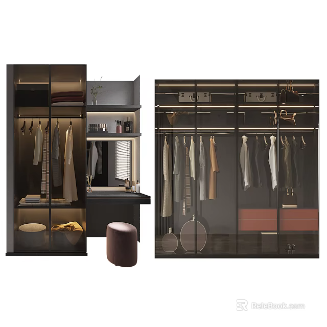 Modern Wardrobe Interior With Glass Doors Hanging Clothes And Storage Shelves 3d model 
