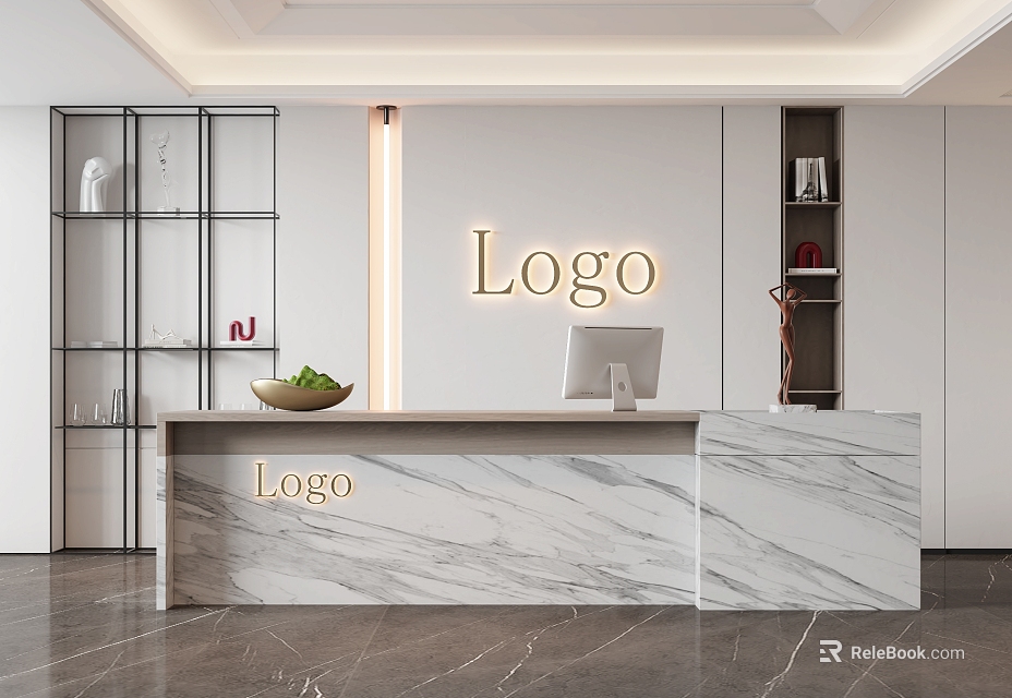 Modern Reception Desk With Marble Countertop Logo Glass Shelves Computer Monitor And Decorations 3d model 