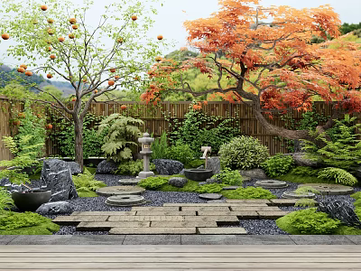 Courtyard Garden With Persimmon Tree Orange Leaves Stone Path Lantern And Bamboo Fence 3d model